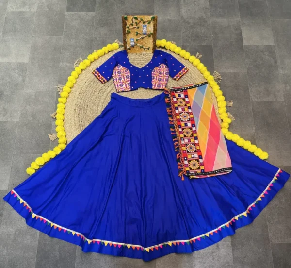 blue color plain navratri chaniya choli with samosa lace work