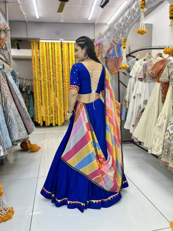 blue color plain navratri chaniya choli with samosa lace work