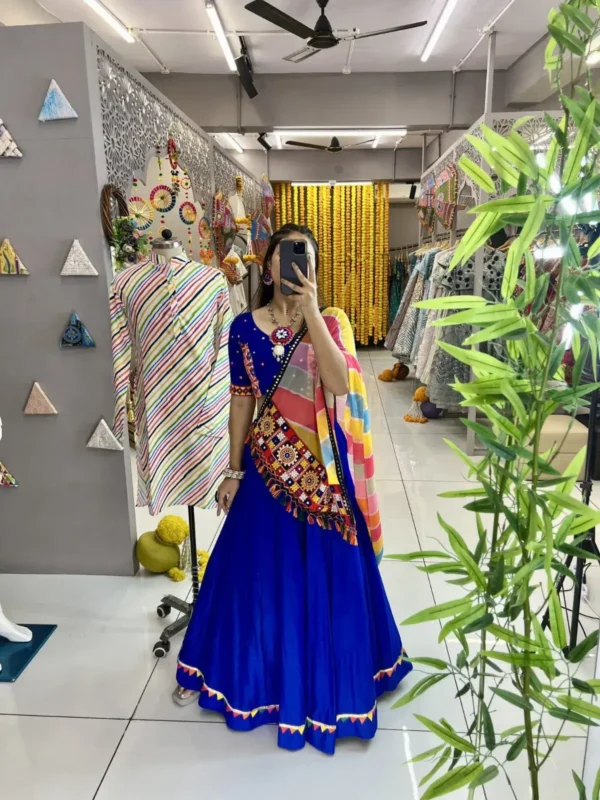 blue color plain navratri chaniya choli with samosa lace work