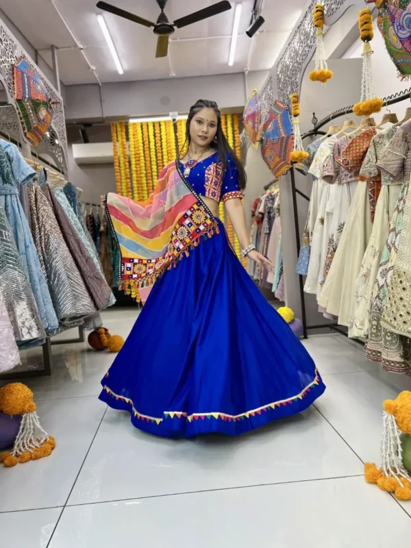 blue color plain navratri chaniya choli with samosa lace work