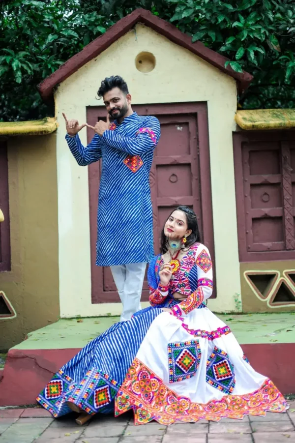 blue color leheriya chaniya choli with mens kurta for navratri and garba