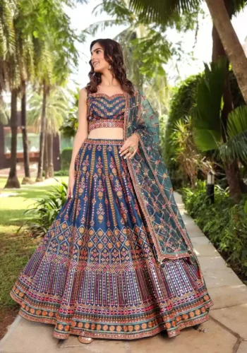 blue chinnon fabric multi color thread work bridal and party wear lehenga choli