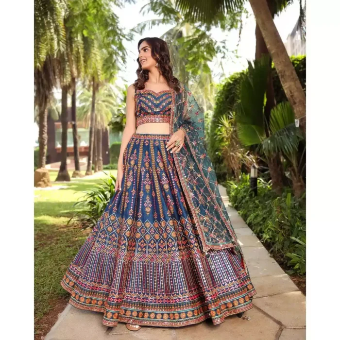 blue chinnon fabric multi color thread work bridal and party wear lehenga choli