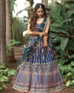 blue chinnon fabric multi color thread work bridal and party wear lehenga choli