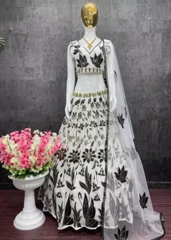 black and white color faux georgette embroidere party wear lehenga choli