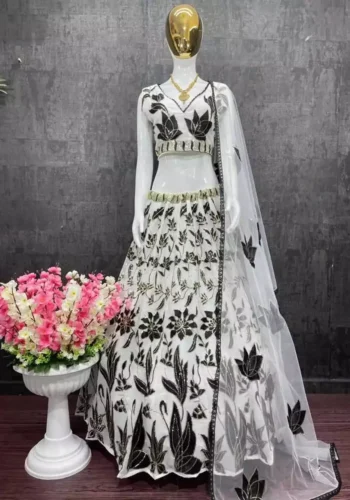 black and white color faux georgette embroidere party wear lehenga choli