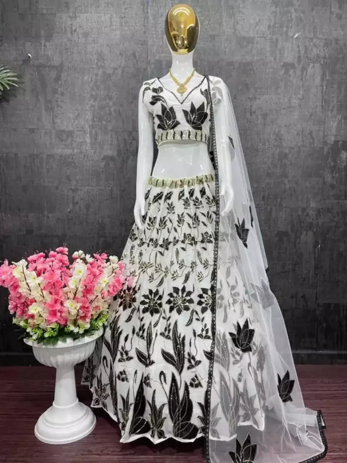 black and white color faux georgette embroidere party wear lehenga choli