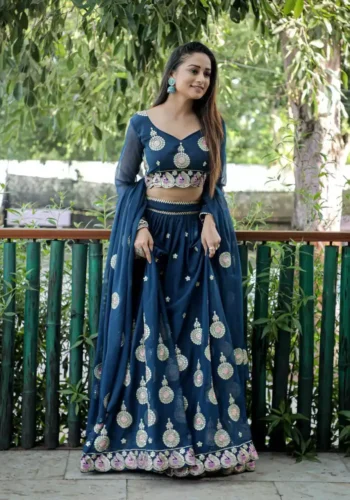 blue color faux georgette fabric embroidered party wear lehenga choli