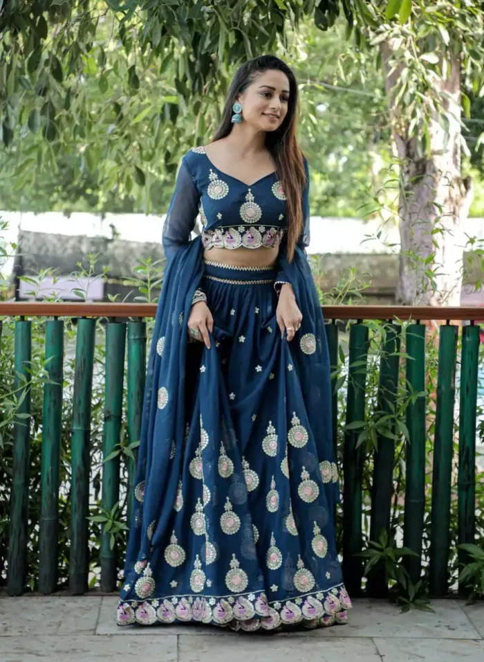 blue color faux georgette fabric embroidered party wear lehenga choli