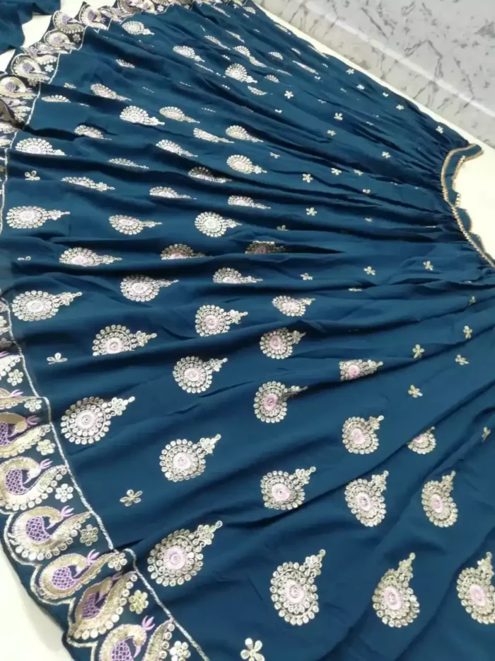 blue color faux georgette fabric embroidered party wear lehenga choli