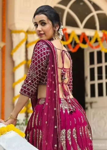 cherry red color faux georgette fabric embroidered bridal and party wear lehenga choli