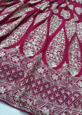 cherry red color faux georgette fabric embroidered bridal and party wear lehenga choli