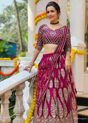 cherry red color faux georgette fabric embroidered bridal and party wear lehenga choli