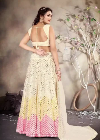 cream color faux georgette fabric embroidered party wear lehenga choli