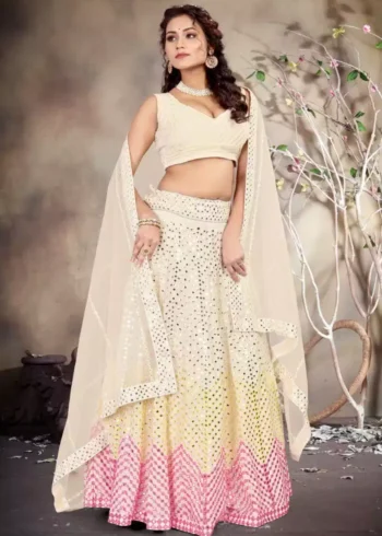cream color faux georgette fabric embroidered party wear lehenga choli