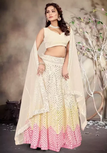 cream color faux georgette fabric embroidered party wear lehenga choli