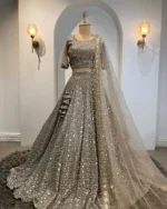 grey color faux georgette fabric embroidered party wear lehenga choli