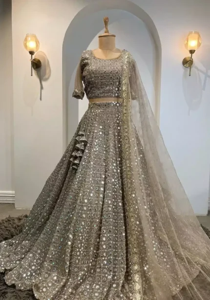 grey color faux georgette fabric embroidered party wear lehenga choli