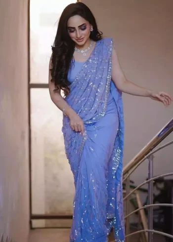 lavender color faux georgette fabric sequins embroidered designer party wear saree