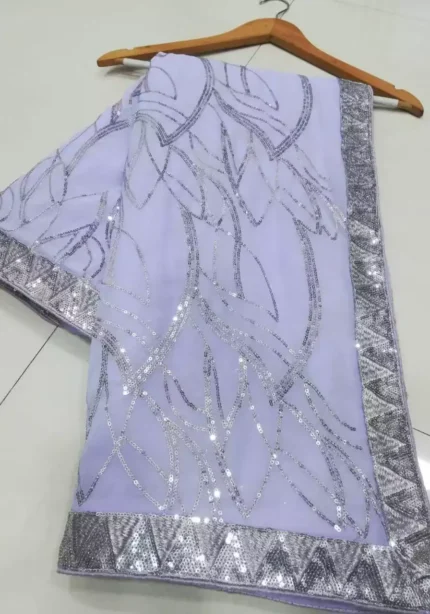 lavender color faux georgette fabric sequins embroidered designer party wear saree