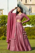 faux georgette fabric metalic pink color embroidered party wear lehenga choli