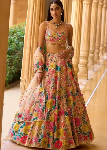 faux georgette fabric multi color embroidered party wear lehenga choli