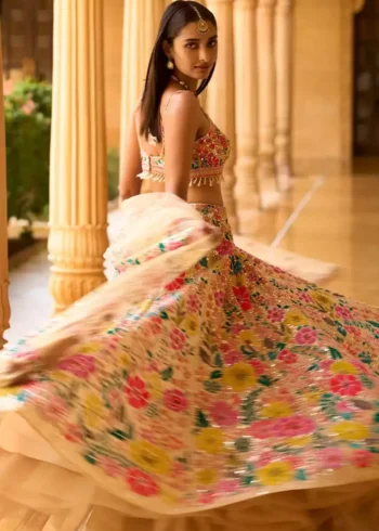 faux georgette fabric multi color embroidered party wear lehenga choli
