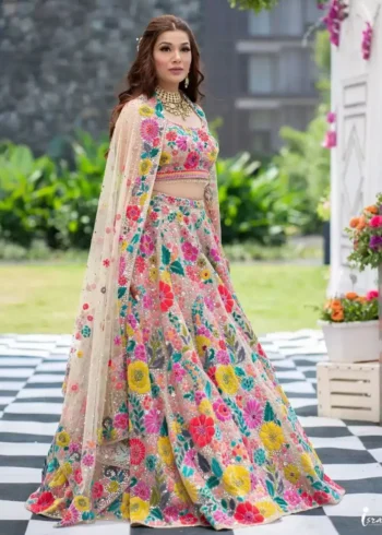 faux georgette fabric multi color embroidered party wear lehenga choli