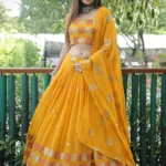 mustard yellow color faux geogette lehenga choli for haldi