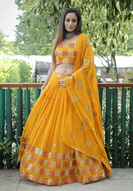 mustard yellow color faux geogette lehenga choli for haldi