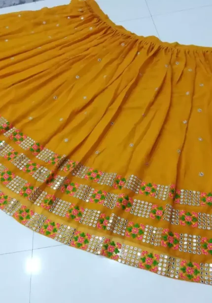 mustard yellow color faux geogette lehenga choli for haldi