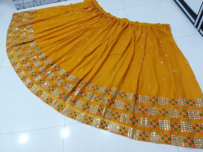 mustard yellow color faux geogette lehenga choli for haldi