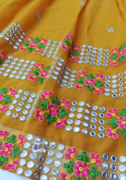 mustard yellow color faux geogette lehenga choli for haldi