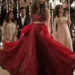 red color faux georgette embroidered party wear lehenga choli