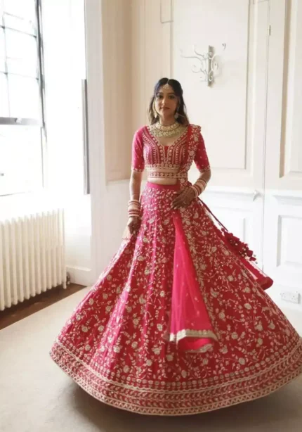 gajri color malai satin silk embroidered bridal lehenga choli