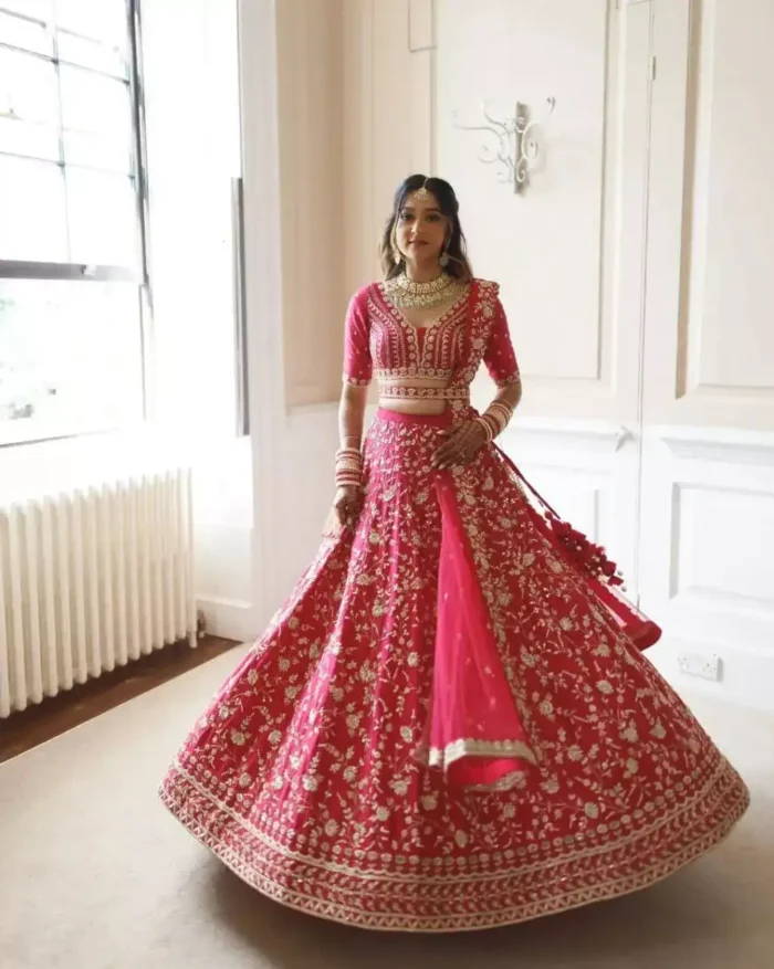 gajri color malai satin silk embroidered bridal lehenga choli