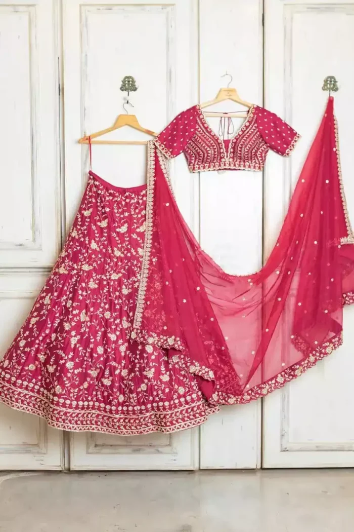 gajri color malai satin silk embroidered bridal lehenga choli