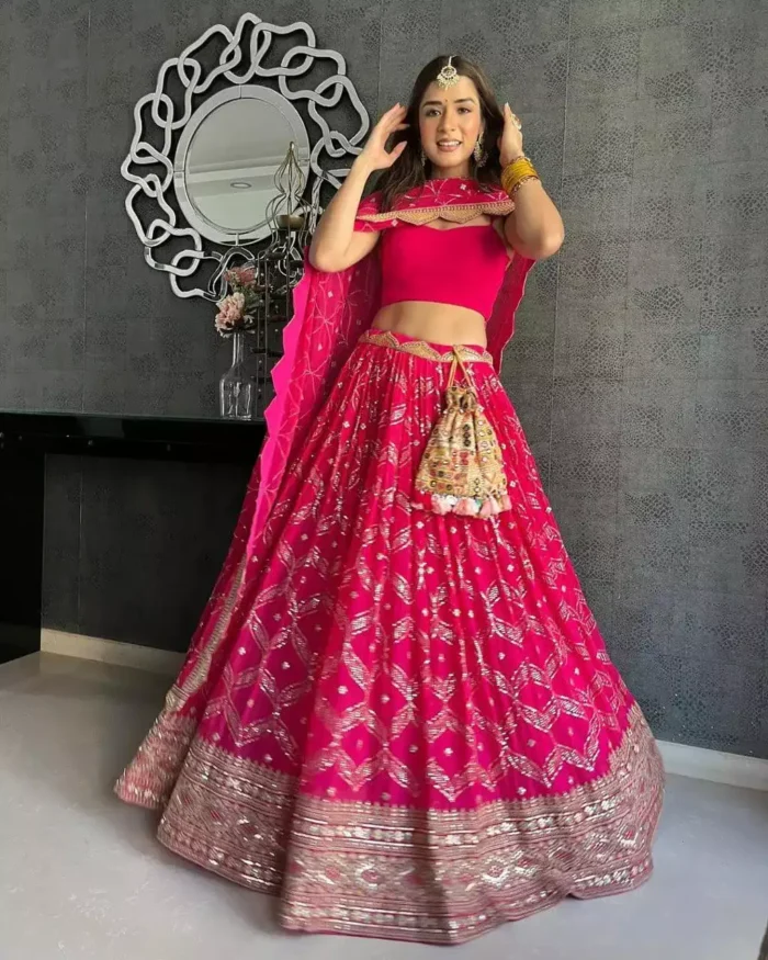 Georgette dark pink color Embroidered party wear Lehenga Choli worn by Sukhmani Gambhir