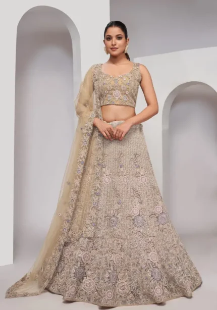 Golden color Zari Embroidered Floral Pattern soft net fabric Bridal Lehenga Choli