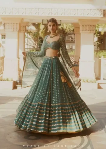green color faux georgette embroidered party wear and bridal lehenga choli