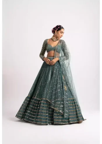 green color faux georgette embroidered party wear and bridal lehenga choli