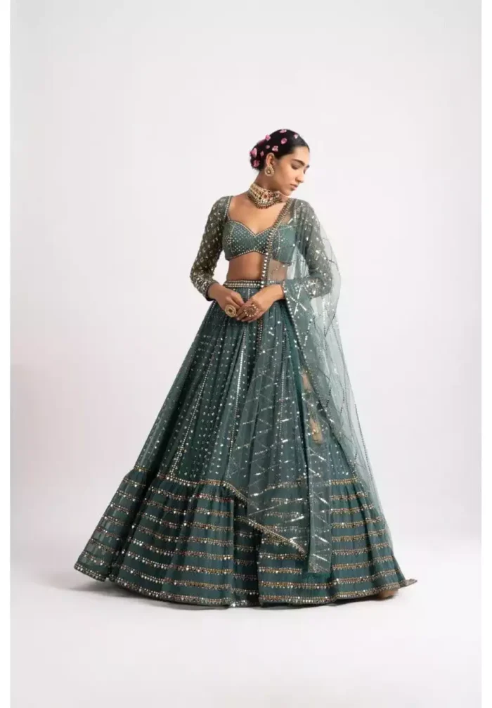 green color faux georgette embroidered party wear and bridal lehenga choli