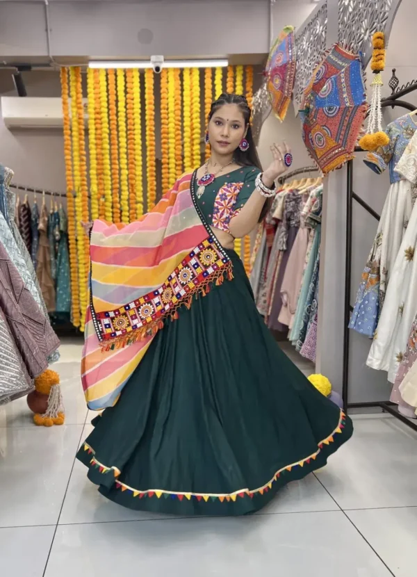 green color plain navratri chaniya choli with samosa lace work