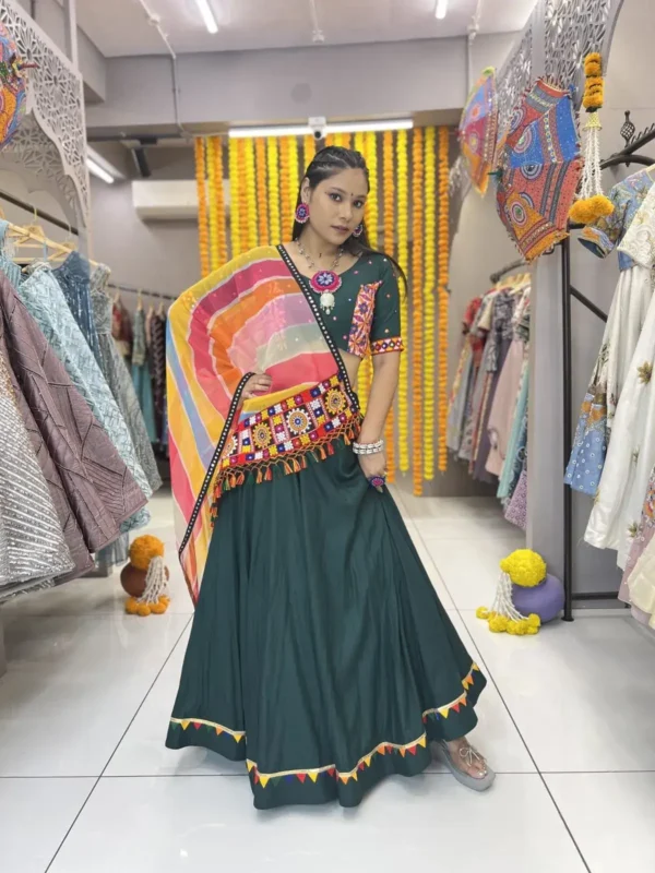 green color plain navratri chaniya choli with samosa lace work