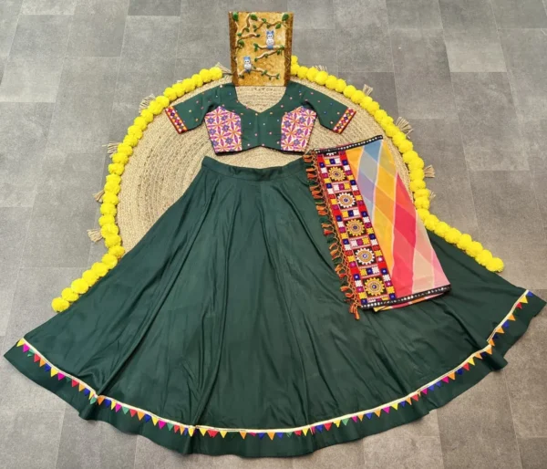 green color plain navratri chaniya choli with samosa lace work