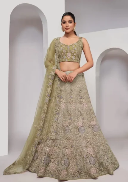 Green color Zari Embroidered Floral Pattern soft net fabric Bridal Lehenga Choli