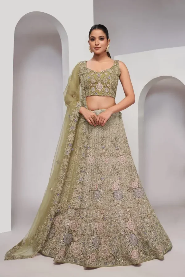 Green color Zari Embroidered Floral Pattern soft net fabric Bridal Lehenga Choli