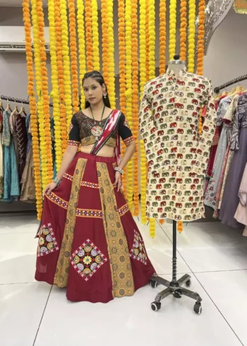 Maroon color heavy printed gamthi work embroided navratri chaniya choli
