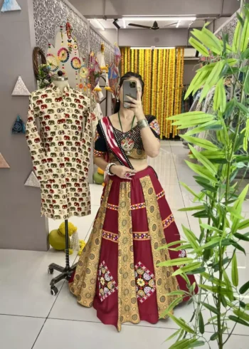 Maroon color heavy printed gamthi work embroided navratri chaniya choli