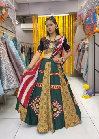 Green color heavy printed gamthi work embroided navratri chaniya choli